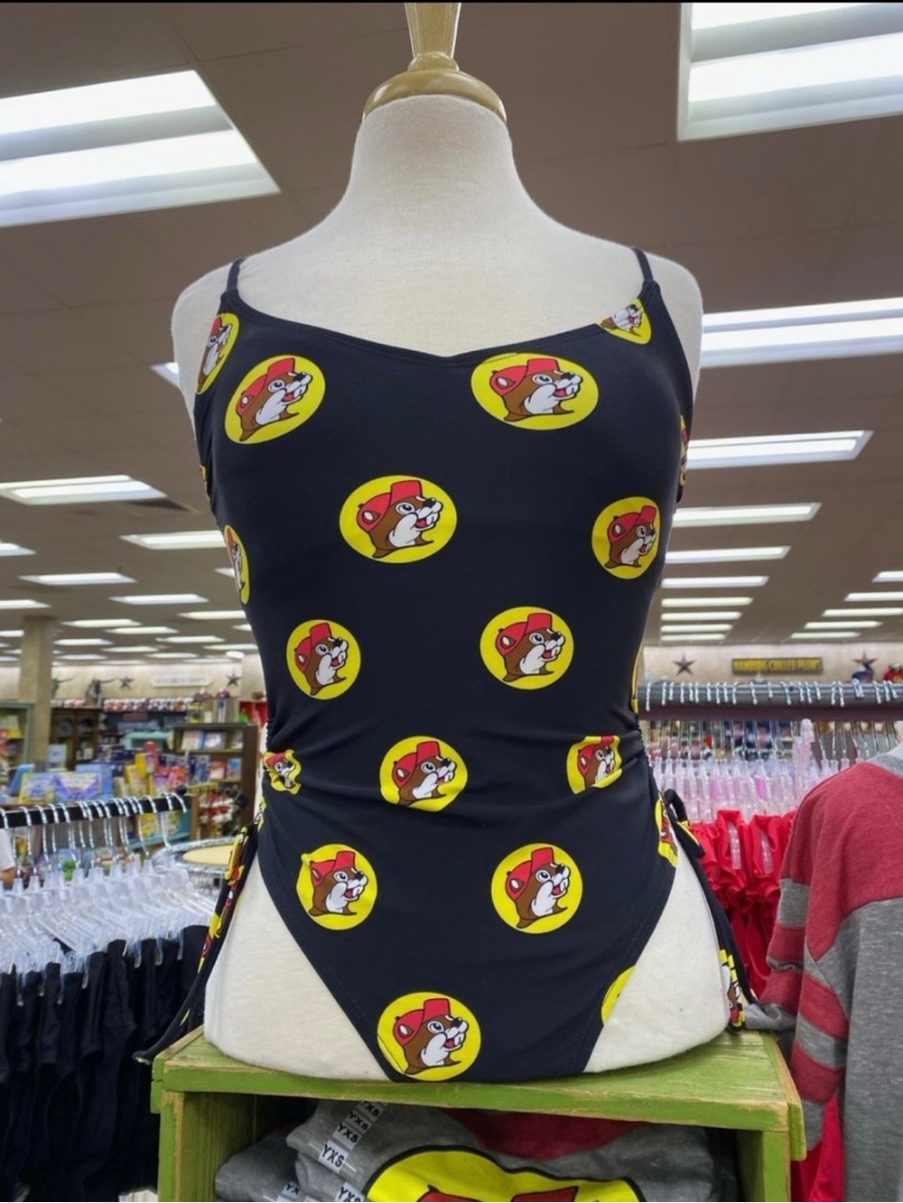 Buc-Ees NWT Women’s Black One-Piece Swimwear with Yellow Logo Print, Sz L